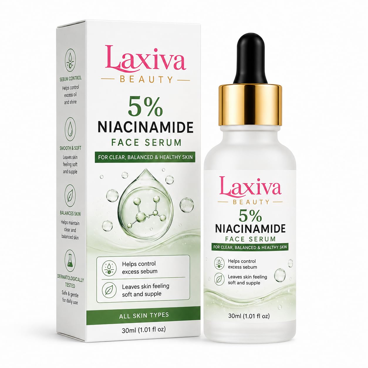 Laxiva Beauty 5% Niacinamide Face Serum for Daily Skincare, Lightweight Facial Serum for Balanced-Looking Skin, Fast-Absorbing Formula, All Skin Types, 30ml