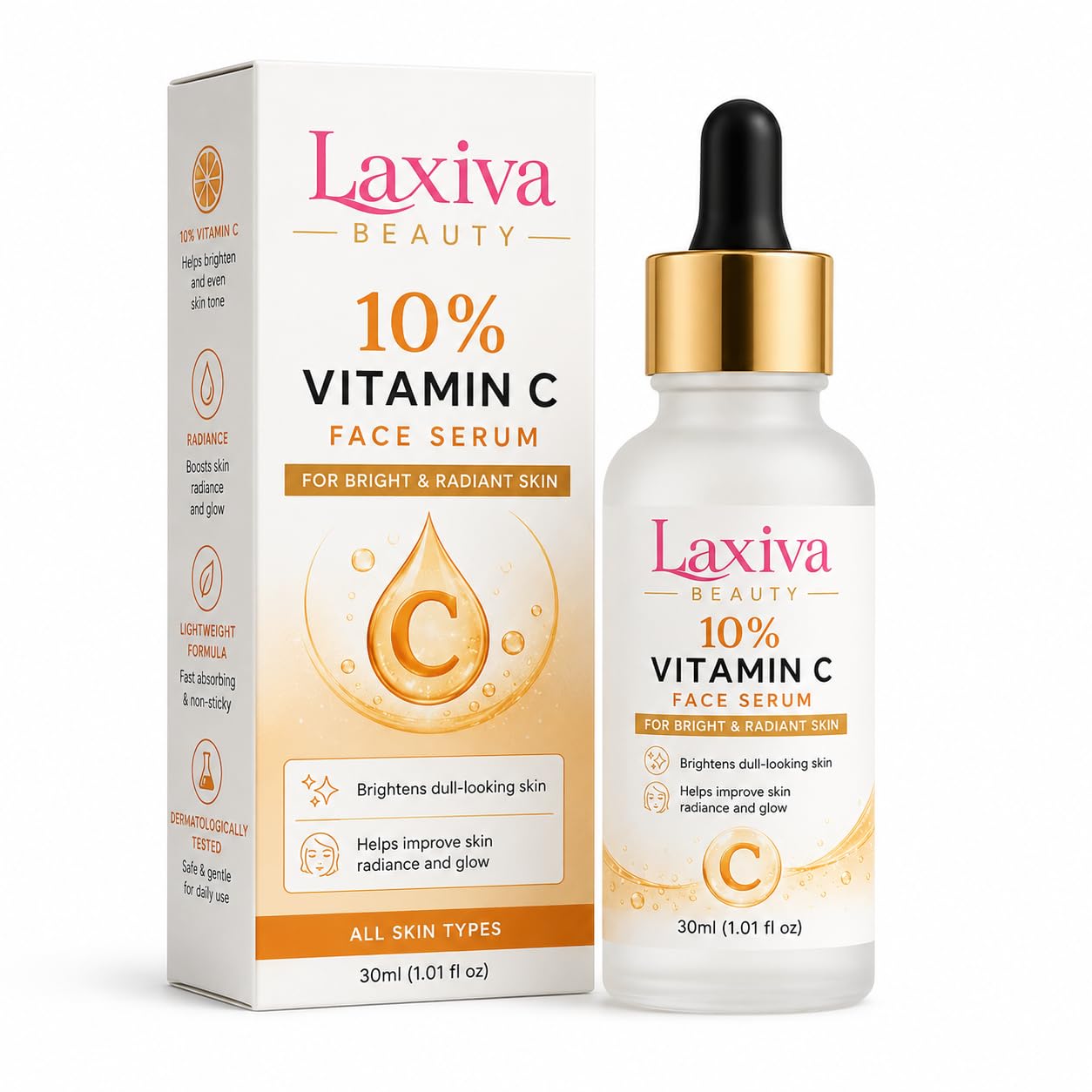 Laxiva Beauty 10% Vitamin C Face Serum for Daily Skincare, Lightweight Facial Serum for Radiance-Looking Skin, Fast-Absorbing Formula, All Skin Types, 30ml